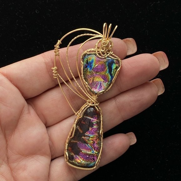 Wrapped Dichroic Glass Cabochons Pendant Purple Blue Green Gold Filled Wire 3” - Picture 2 of 10